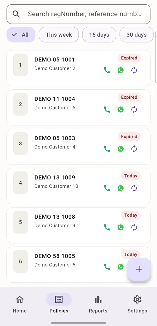 The record list with search and expiry filter chips, each row showing call, WhatsApp and renew actions