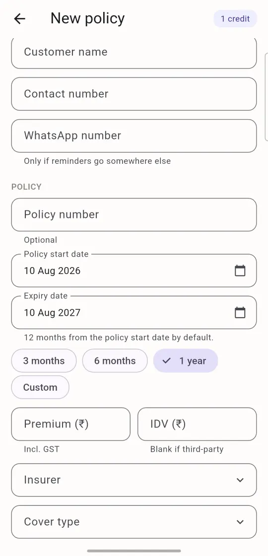 The new policy form: policy number, dates with 3 months, 6 months, 1 year or custom, premium, IDV, insurer and cover type