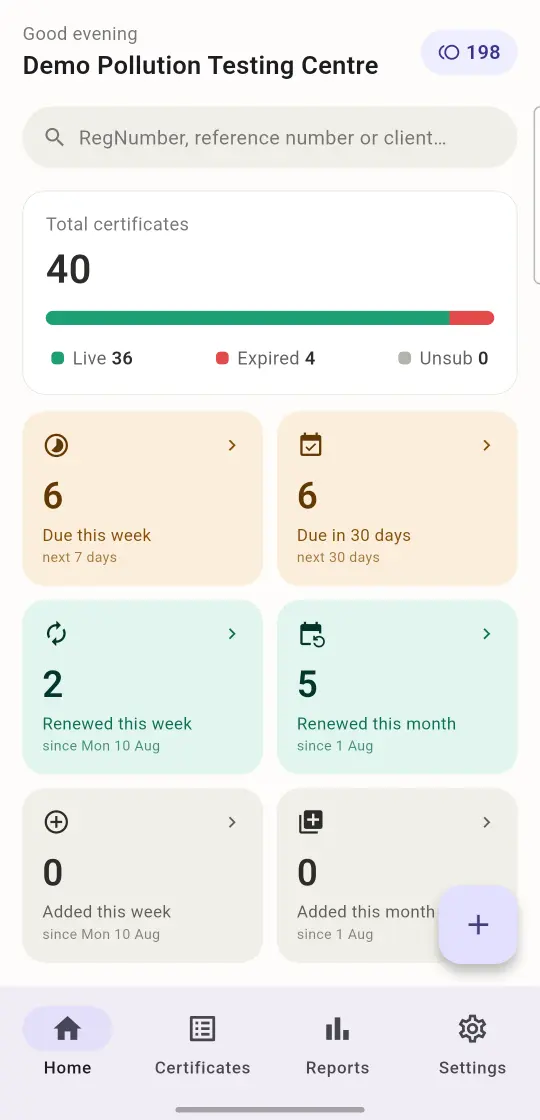 The same home screen on the PUC book, counting certificates instead of policies