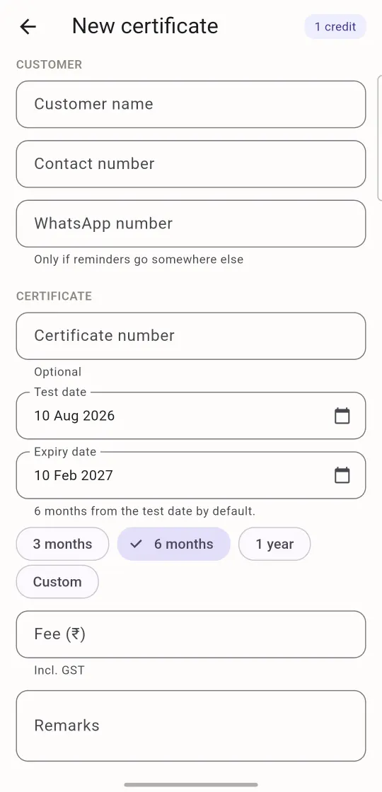 The new certificate form: a test date rather than a start date, a fee rather than a premium, and no insurer fields